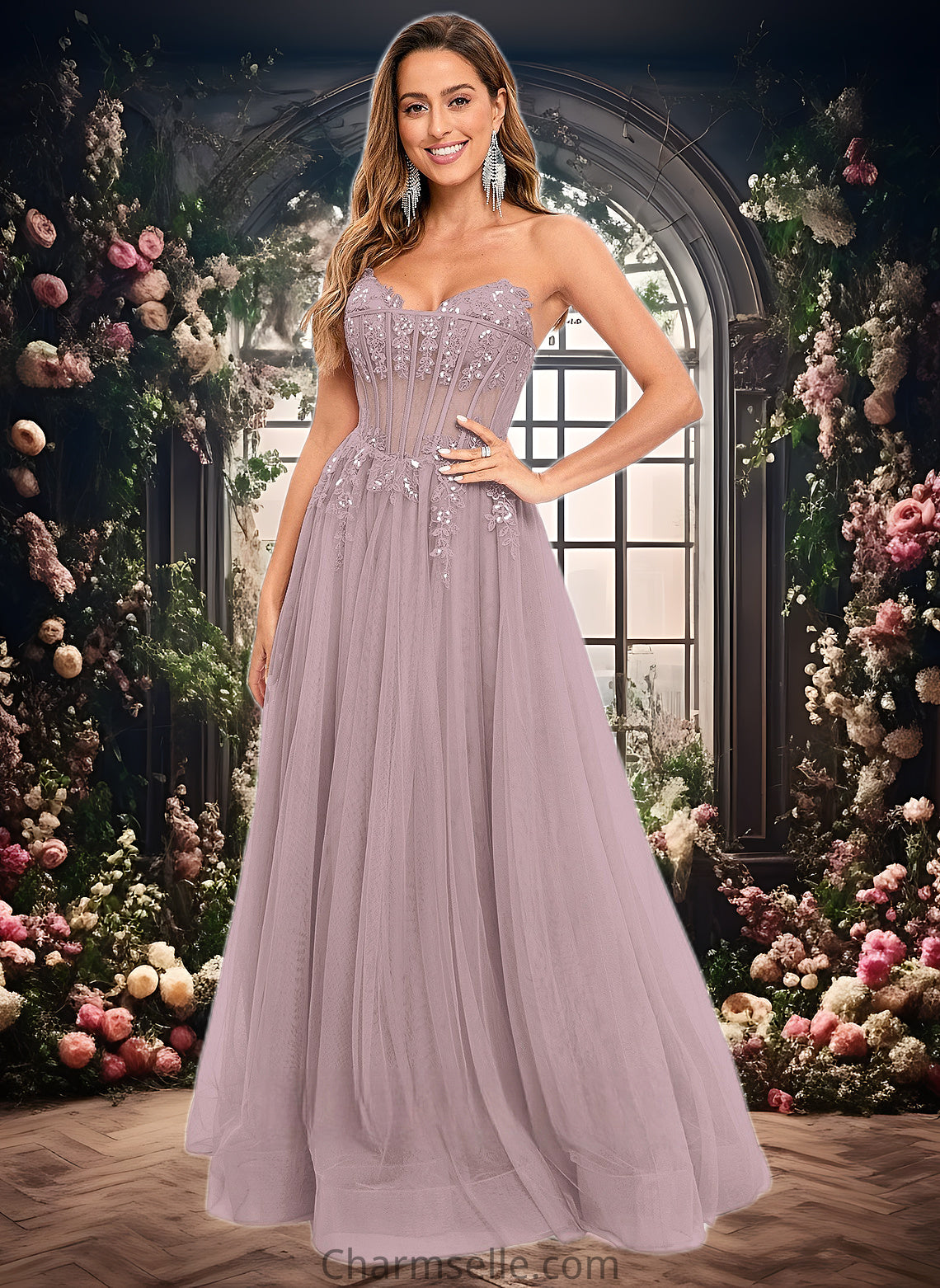 Aliza Ball-Gown/Princess V-Neck Floor-Length Tulle Prom Dresses With Sequins Appliques Lace DNP0025837