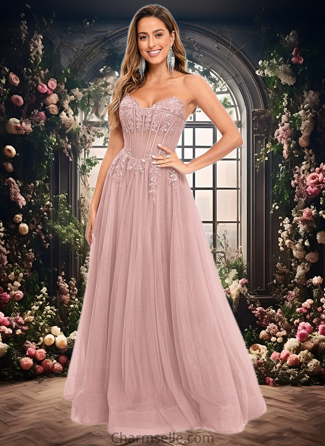 Aliza Ball-Gown/Princess V-Neck Floor-Length Tulle Prom Dresses With Sequins Appliques Lace DNP0025837