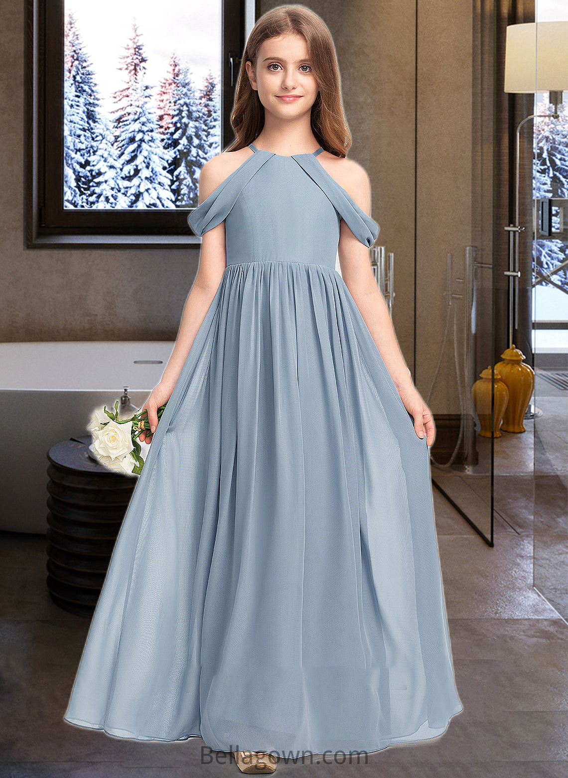 Eva A-Line Scoop Neck Floor-Length Chiffon Junior Bridesmaid Dress With Ruffle DNP0013302