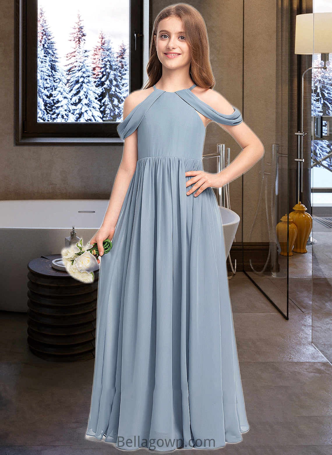 Eva A-Line Scoop Neck Floor-Length Chiffon Junior Bridesmaid Dress With Ruffle DNP0013302