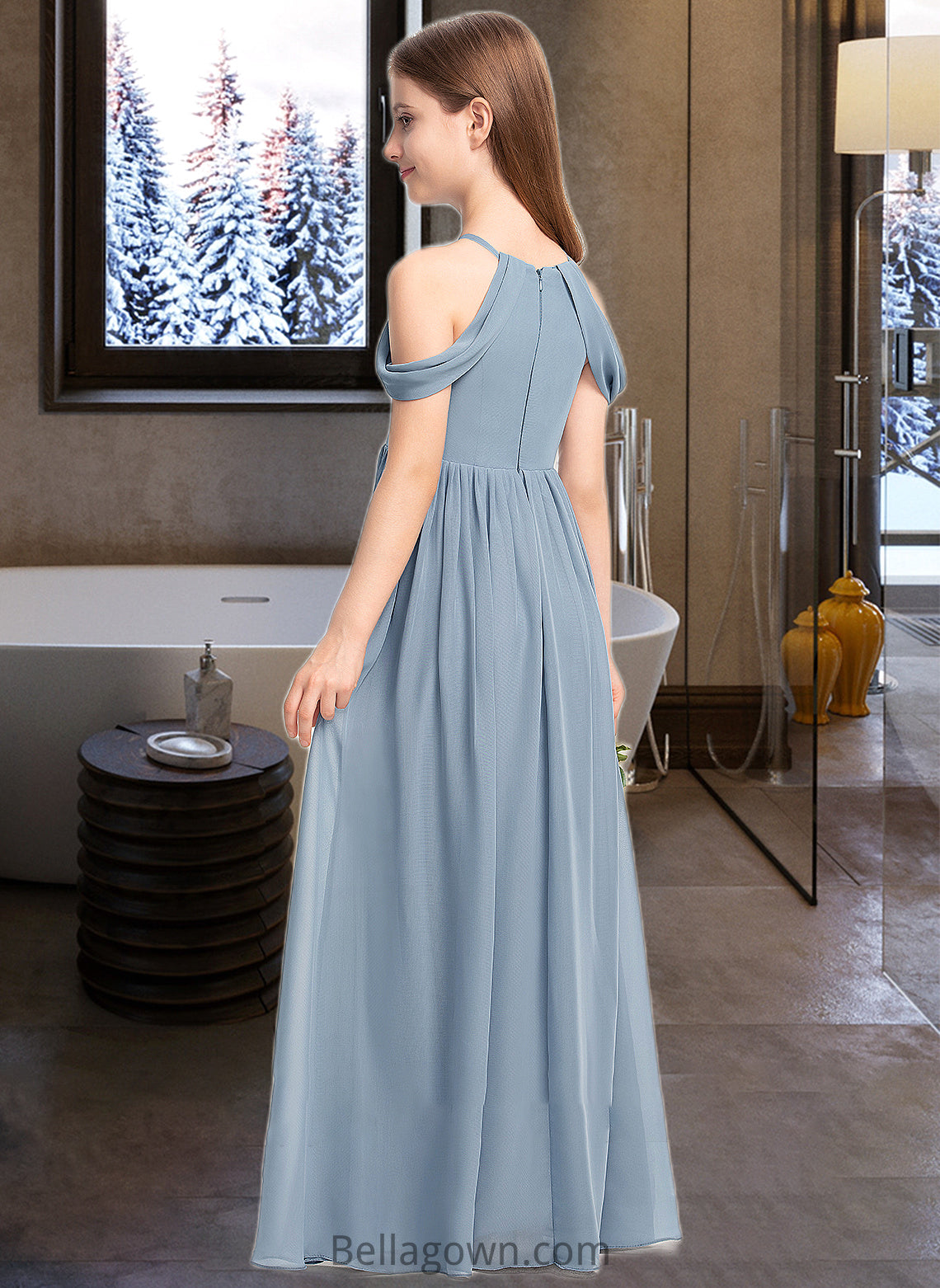 Eva A-Line Scoop Neck Floor-Length Chiffon Junior Bridesmaid Dress With Ruffle DNP0013302