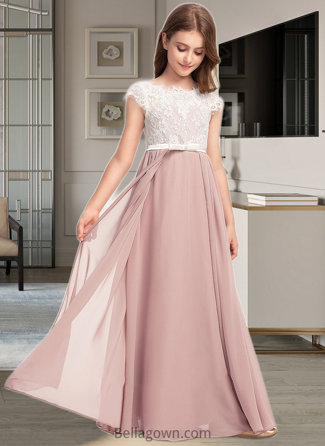 Damaris A-Line Scoop Neck Floor-Length Chiffon Lace Junior Bridesmaid Dress With Bow(s) DNP0013305