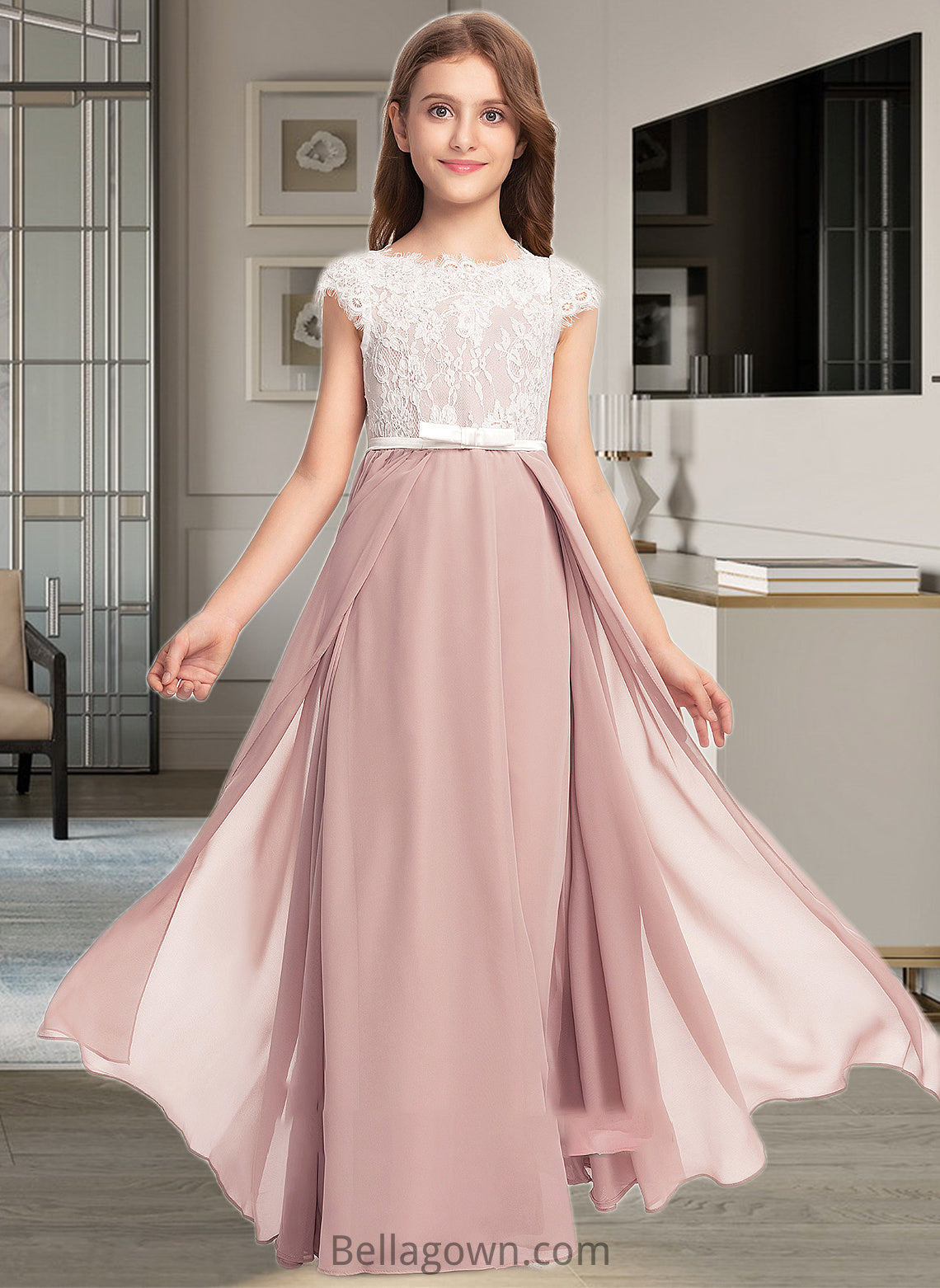 Damaris A-Line Scoop Neck Floor-Length Chiffon Lace Junior Bridesmaid Dress With Bow(s) DNP0013305