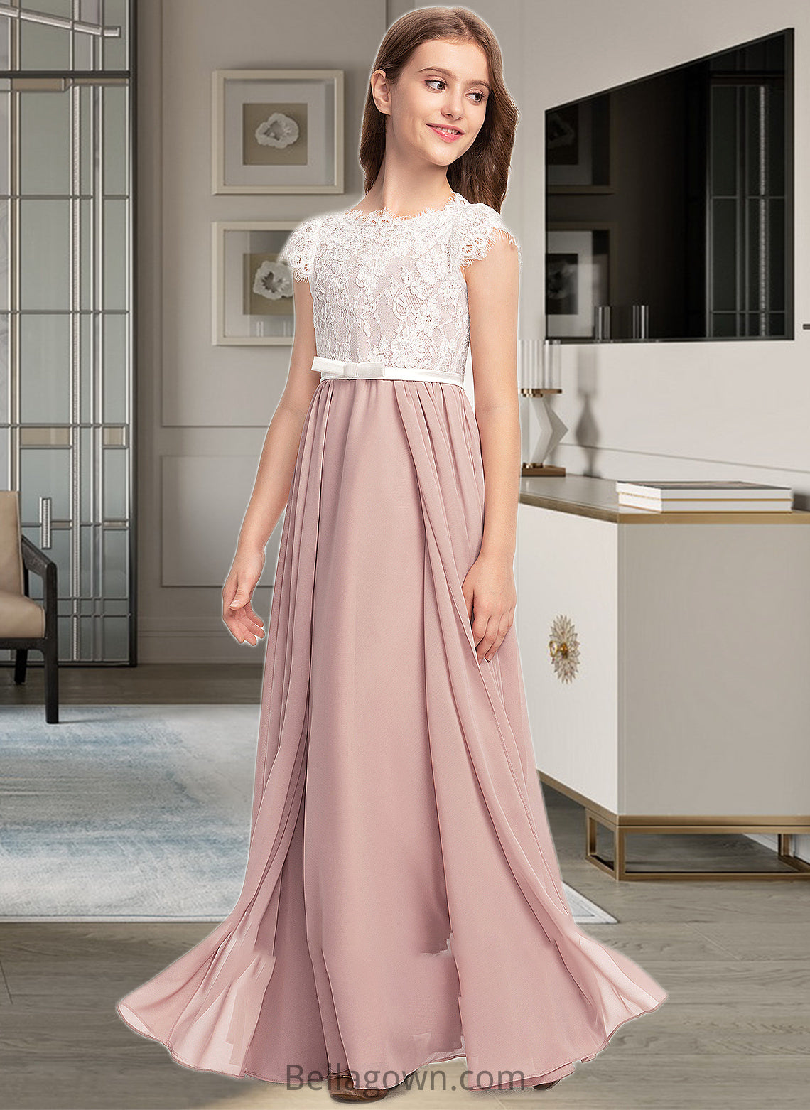 Damaris A-Line Scoop Neck Floor-Length Chiffon Lace Junior Bridesmaid Dress With Bow(s) DNP0013305