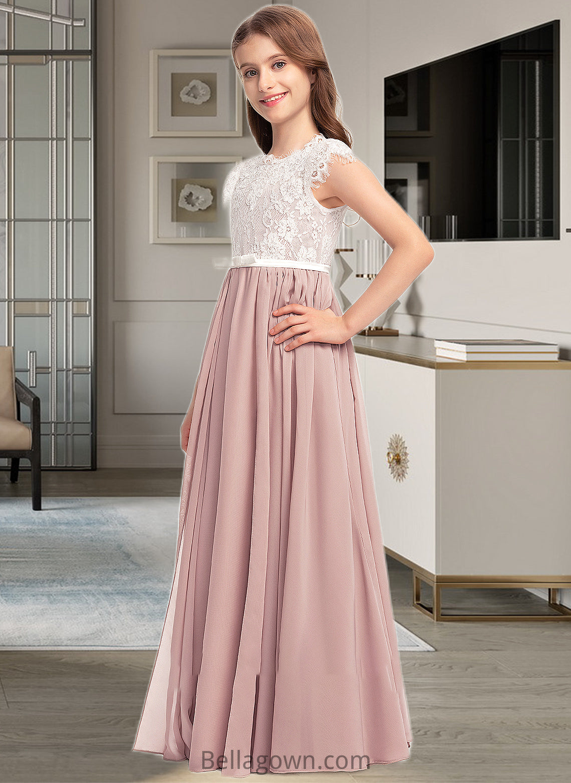 Damaris A-Line Scoop Neck Floor-Length Chiffon Lace Junior Bridesmaid Dress With Bow(s) DNP0013305