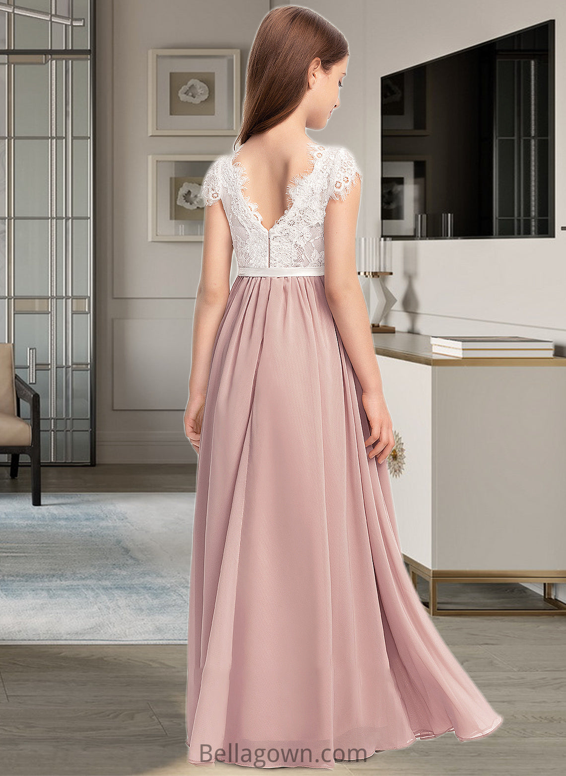 Damaris A-Line Scoop Neck Floor-Length Chiffon Lace Junior Bridesmaid Dress With Bow(s) DNP0013305