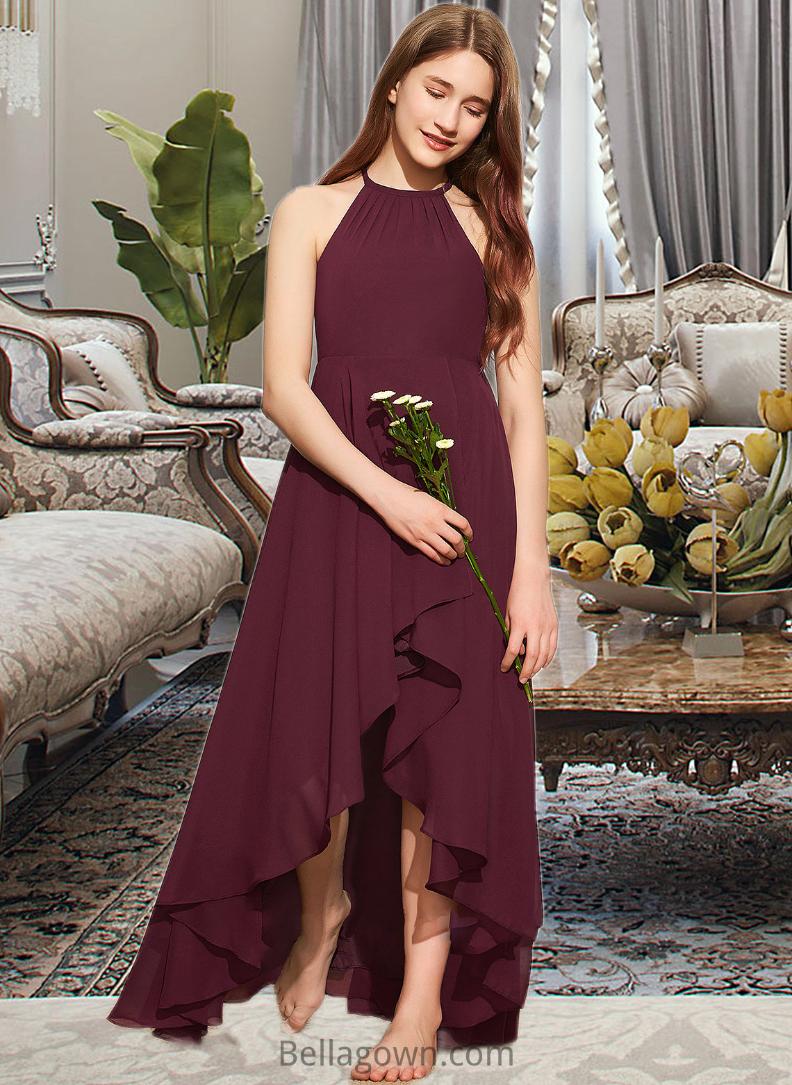 Jordyn A-Line Scoop Neck Asymmetrical Chiffon Junior Bridesmaid Dress With Ruffle DNP0013306