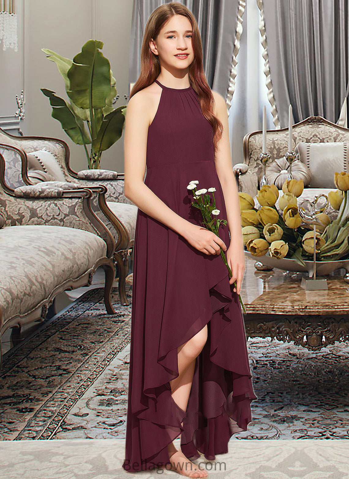 Jordyn A-Line Scoop Neck Asymmetrical Chiffon Junior Bridesmaid Dress With Ruffle DNP0013306