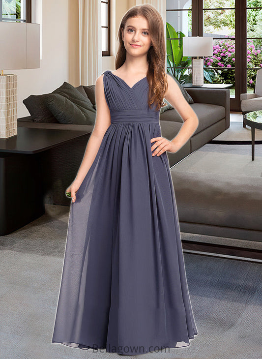 Melody A-Line V-neck Floor-Length Chiffon Junior Bridesmaid Dress With Ruffle DNP0013307