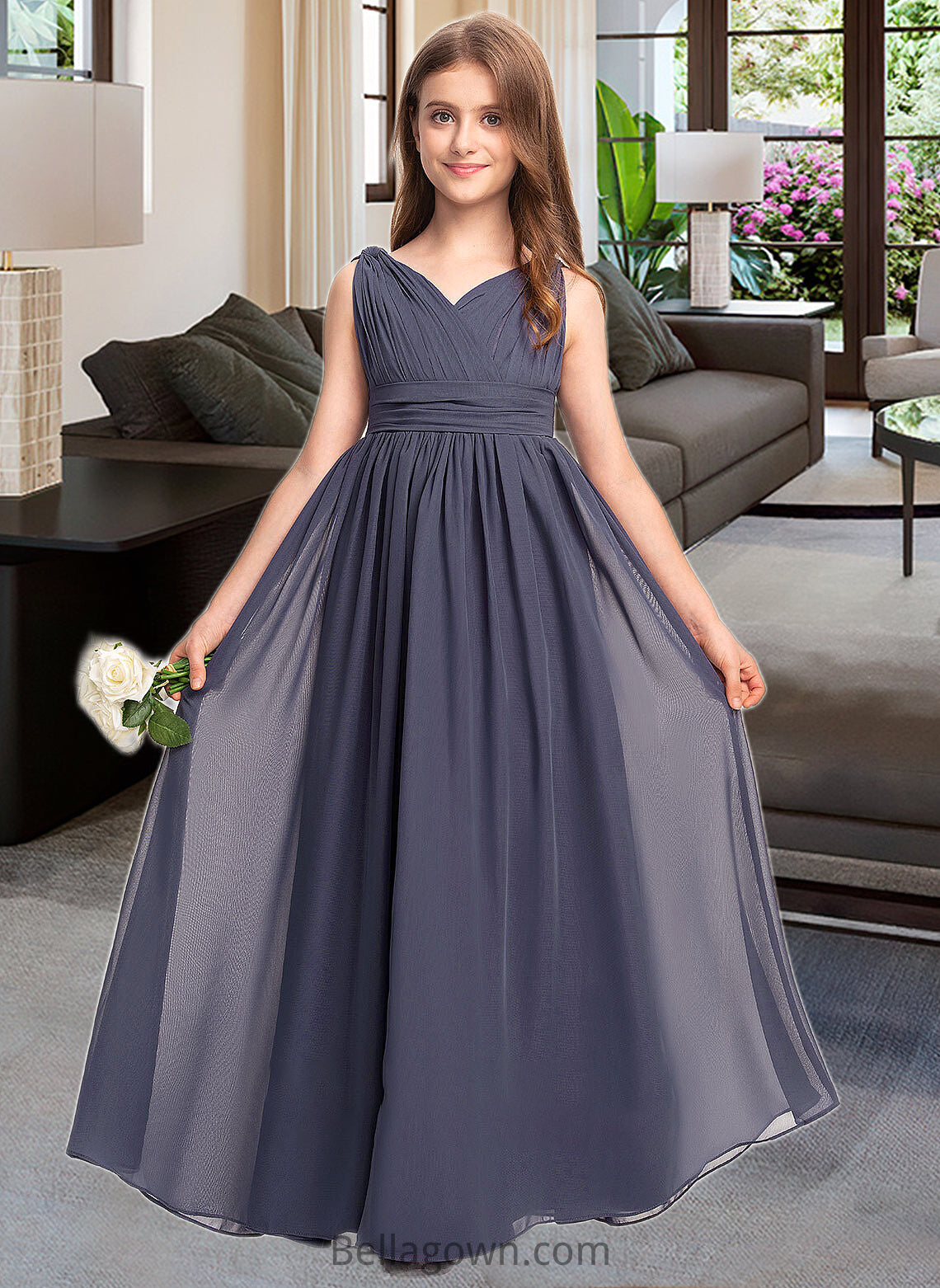 Melody A-Line V-neck Floor-Length Chiffon Junior Bridesmaid Dress With Ruffle DNP0013307