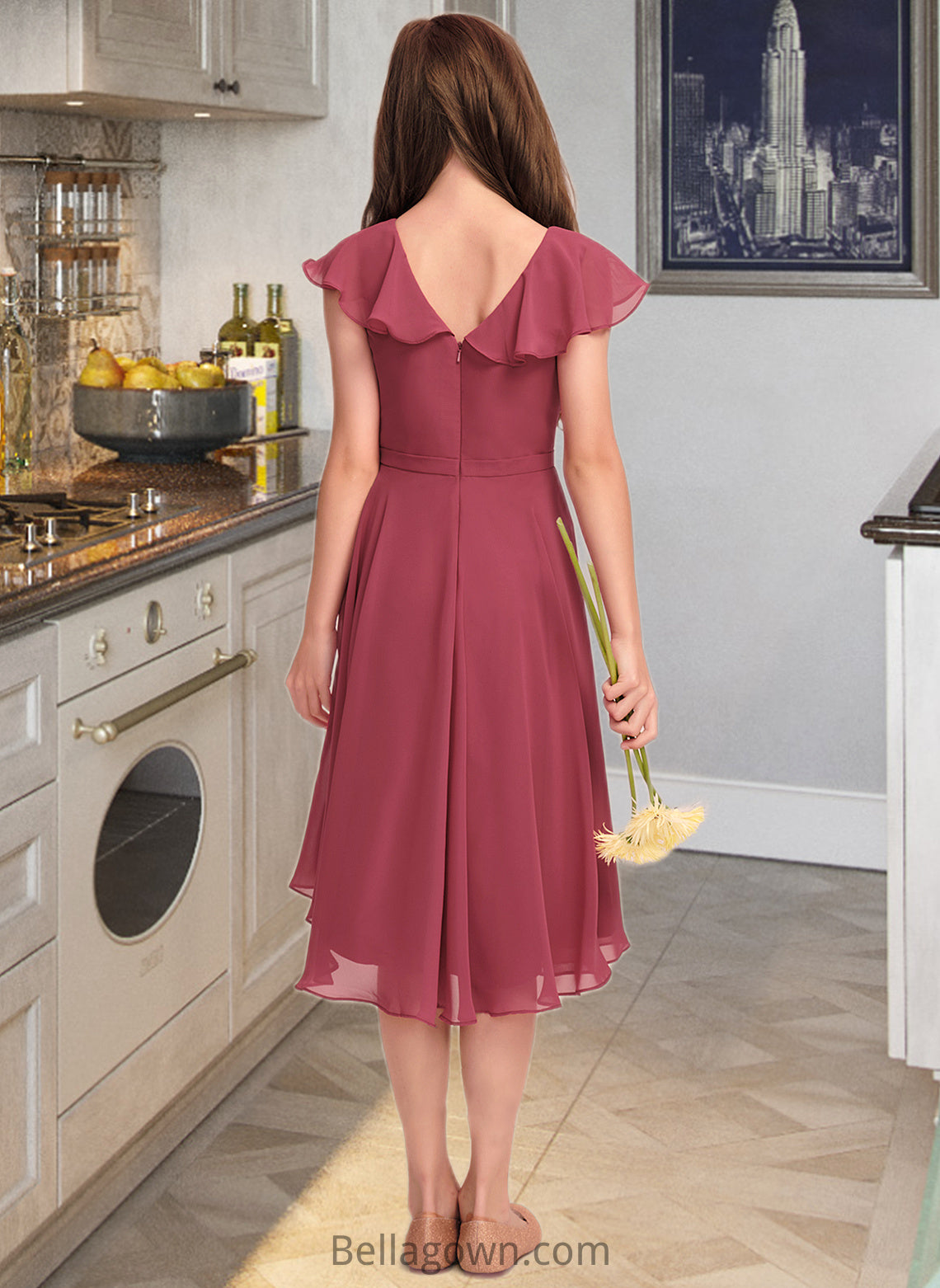 Mckinley A-Line V-neck Asymmetrical Chiffon Junior Bridesmaid Dress With Cascading Ruffles DNP0013309