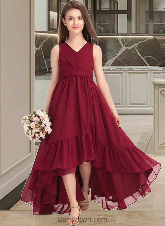 Jayla A-Line V-neck Asymmetrical Chiffon Junior Bridesmaid Dress With Bow(s) Cascading Ruffles DNP0013310