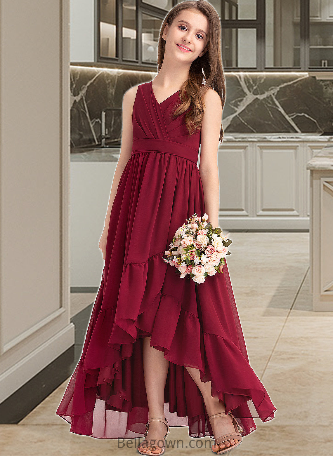 Jayla A-Line V-neck Asymmetrical Chiffon Junior Bridesmaid Dress With Bow(s) Cascading Ruffles DNP0013310