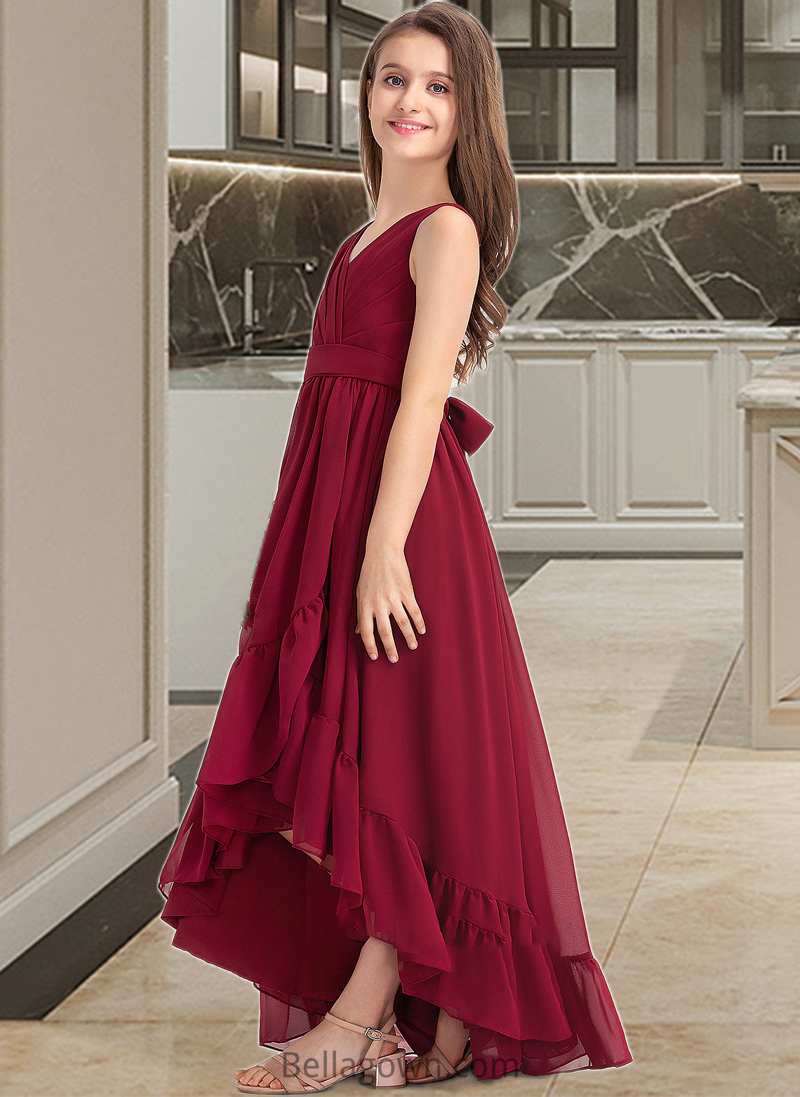 Jayla A-Line V-neck Asymmetrical Chiffon Junior Bridesmaid Dress With Bow(s) Cascading Ruffles DNP0013310