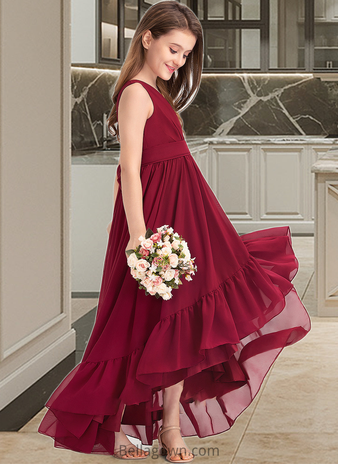 Jayla A-Line V-neck Asymmetrical Chiffon Junior Bridesmaid Dress With Bow(s) Cascading Ruffles DNP0013310