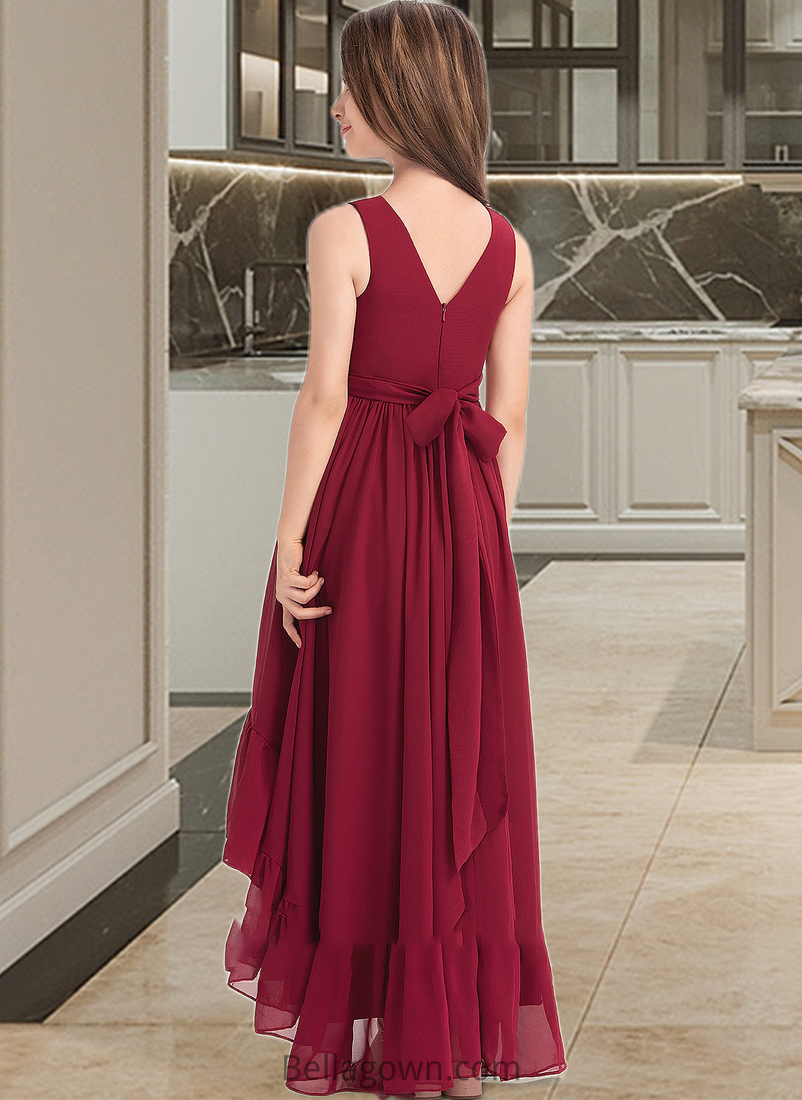 Jayla A-Line V-neck Asymmetrical Chiffon Junior Bridesmaid Dress With Bow(s) Cascading Ruffles DNP0013310