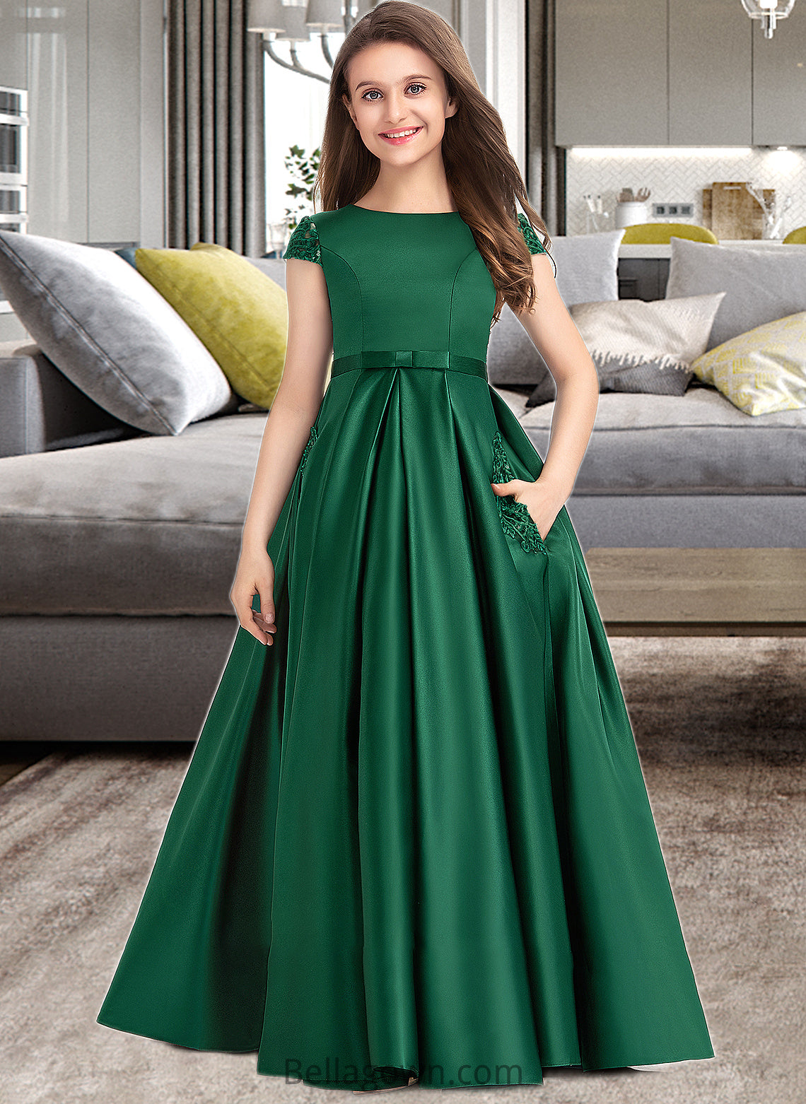 Mikayla Ball-Gown/Princess Scoop Neck Floor-Length Satin Lace Junior Bridesmaid Dress With Bow(s) Pockets DNP0013311