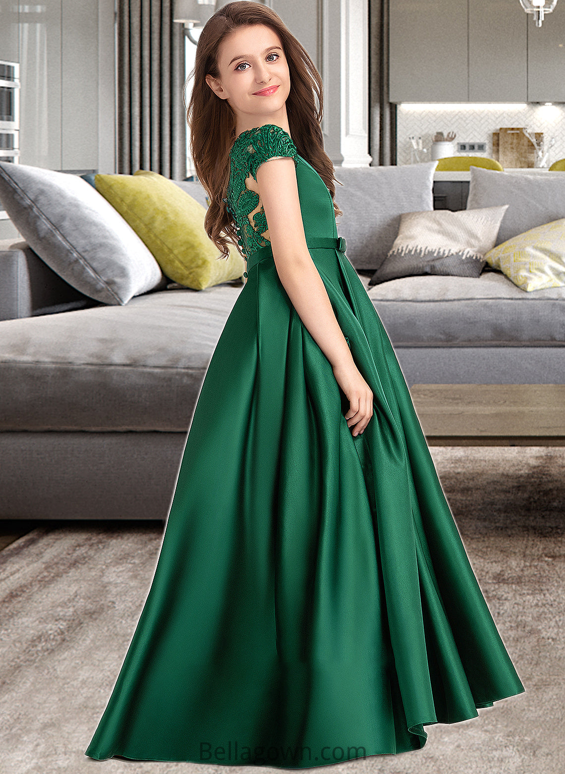 Mikayla Ball-Gown/Princess Scoop Neck Floor-Length Satin Lace Junior Bridesmaid Dress With Bow(s) Pockets DNP0013311