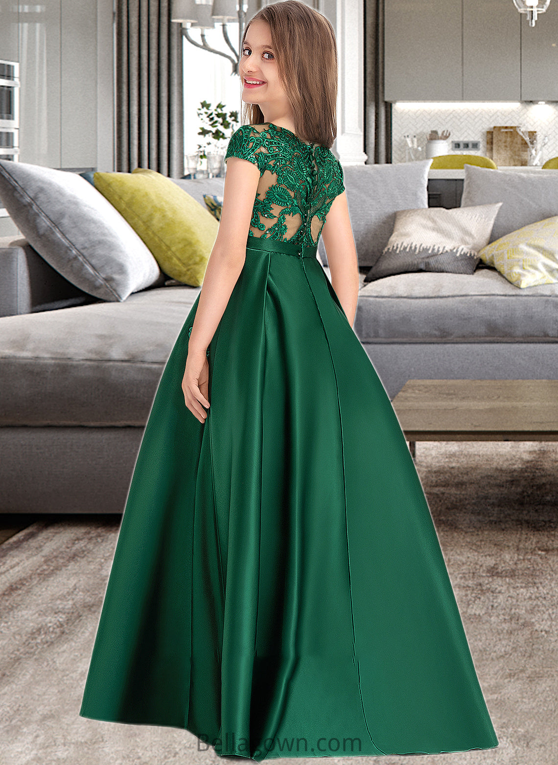 Mikayla Ball-Gown/Princess Scoop Neck Floor-Length Satin Lace Junior Bridesmaid Dress With Bow(s) Pockets DNP0013311