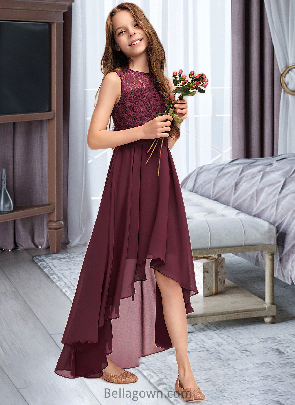 Jill A-Line Scoop Neck Asymmetrical Chiffon Lace Junior Bridesmaid Dress With Bow(s) DNP0013312