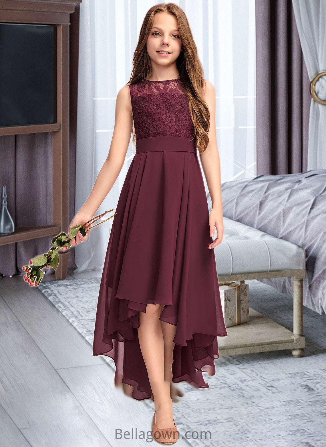 Jill A-Line Scoop Neck Asymmetrical Chiffon Lace Junior Bridesmaid Dress With Bow(s) DNP0013312