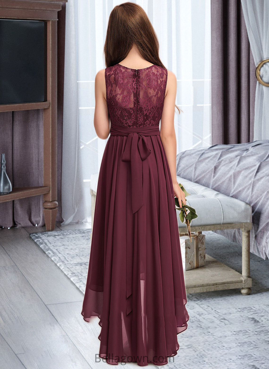 Jill A-Line Scoop Neck Asymmetrical Chiffon Lace Junior Bridesmaid Dress With Bow(s) DNP0013312