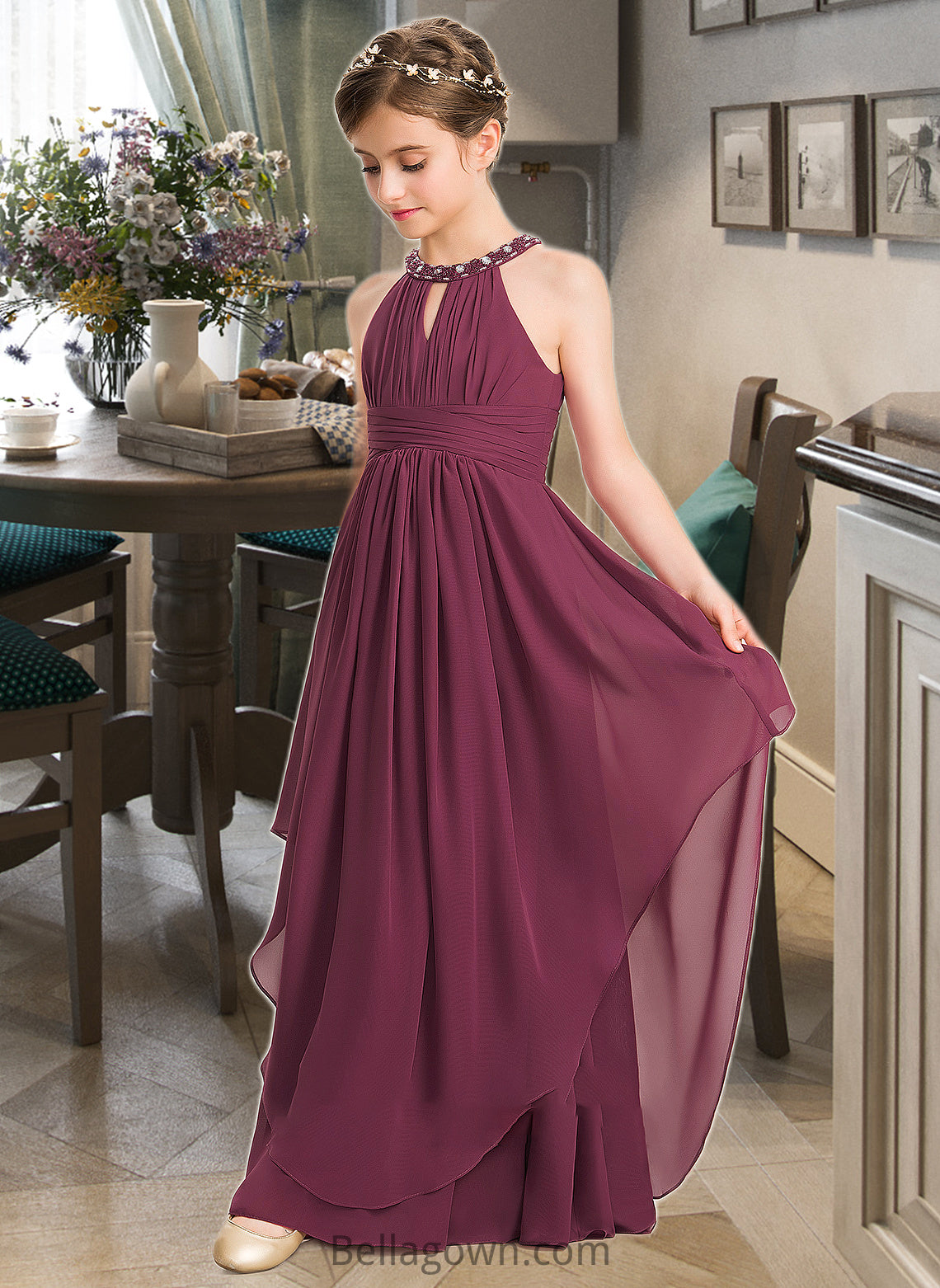 Gill A-Line Scoop Neck Floor-Length Chiffon Junior Bridesmaid Dress With Ruffle Beading DNP0013313