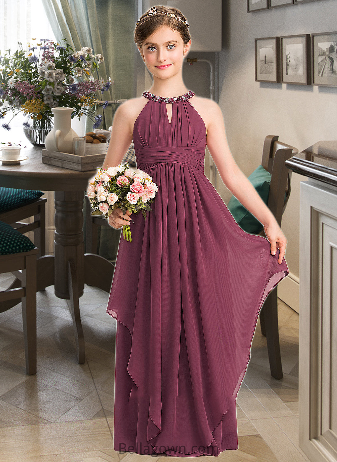 Gill A-Line Scoop Neck Floor-Length Chiffon Junior Bridesmaid Dress With Ruffle Beading DNP0013313