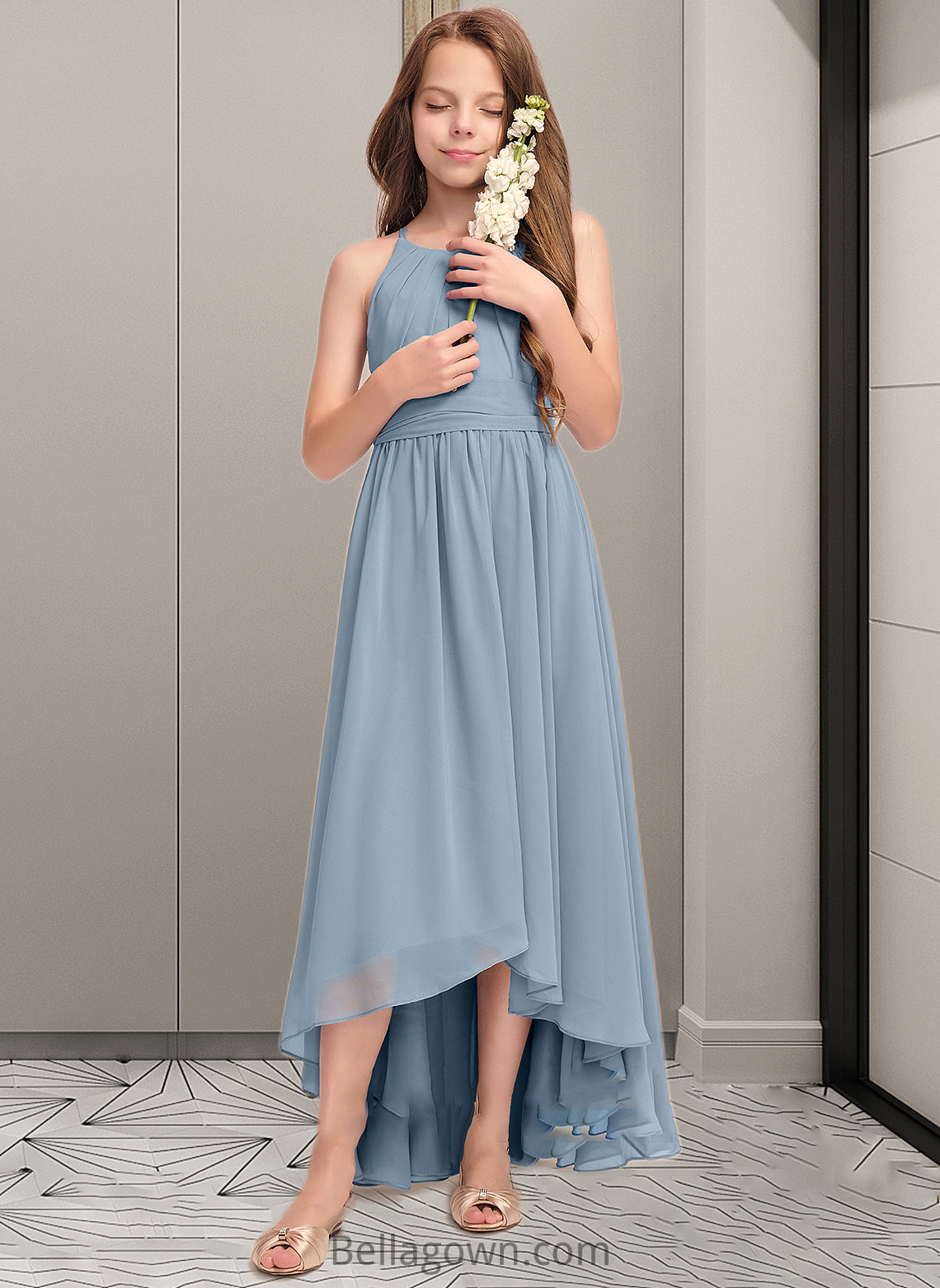 Shyla A-Line Scoop Neck Asymmetrical Chiffon Junior Bridesmaid Dress With Ruffle Bow(s) DNP0013314