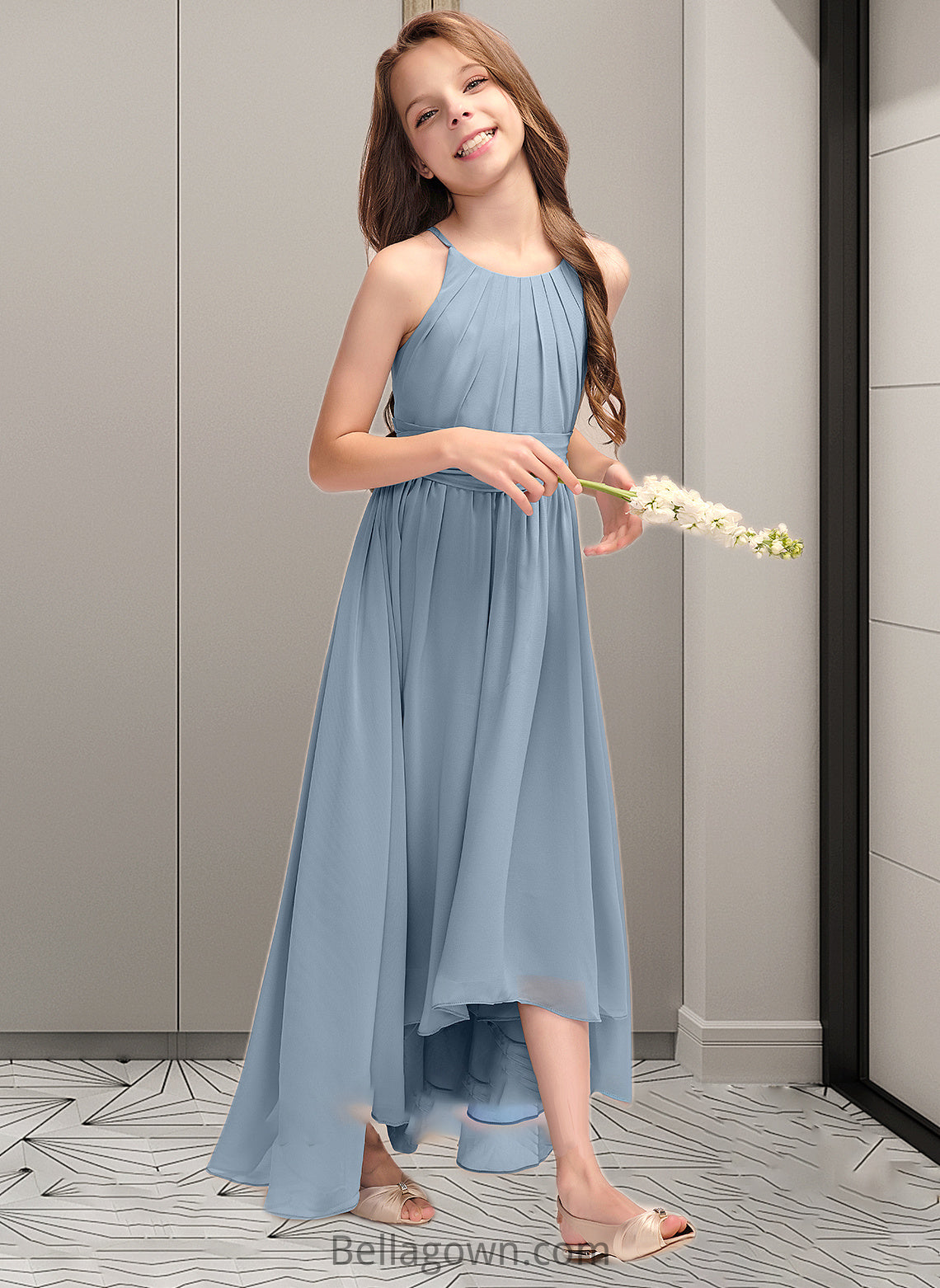 Shyla A-Line Scoop Neck Asymmetrical Chiffon Junior Bridesmaid Dress With Ruffle Bow(s) DNP0013314