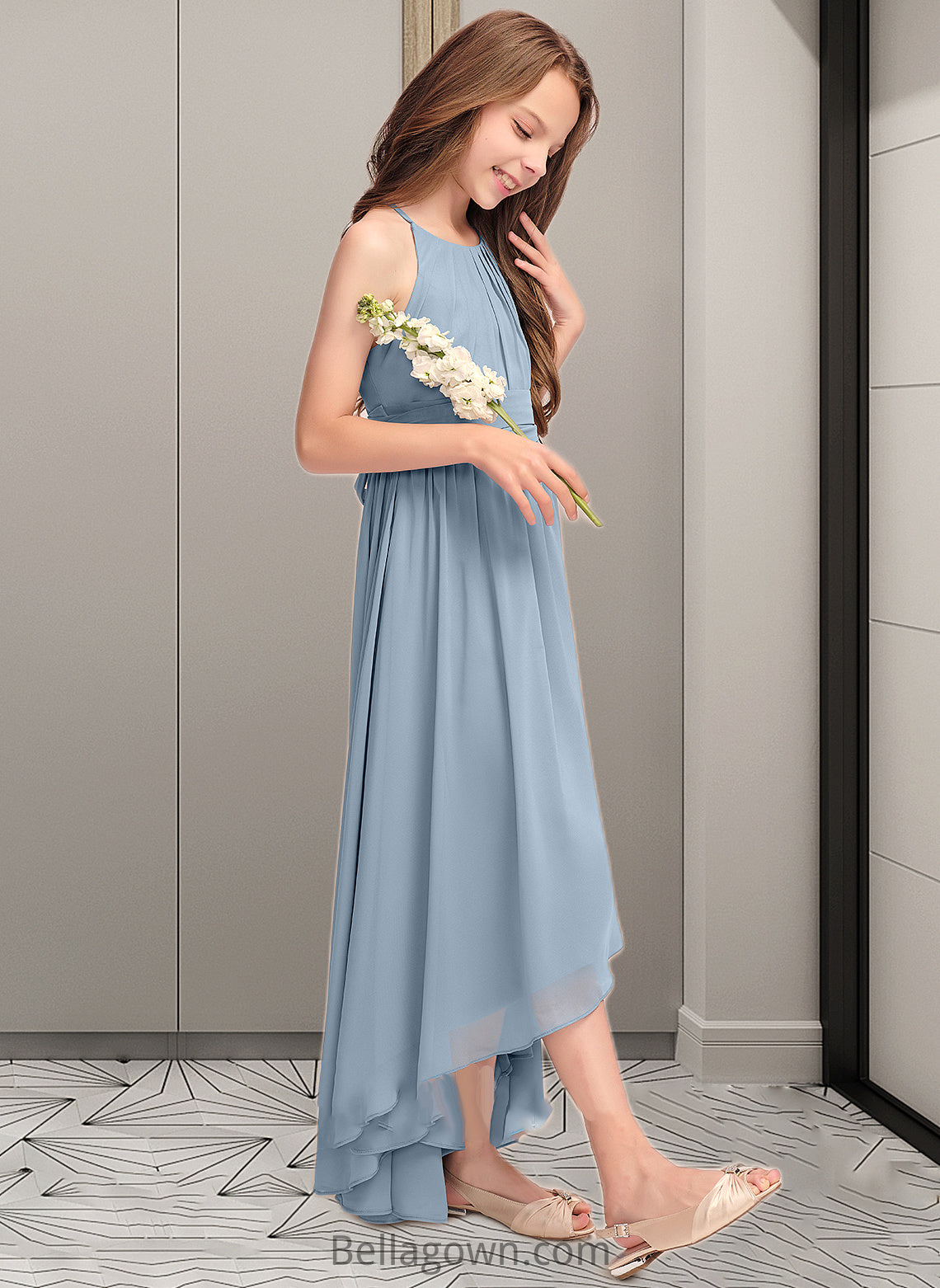 Shyla A-Line Scoop Neck Asymmetrical Chiffon Junior Bridesmaid Dress With Ruffle Bow(s) DNP0013314