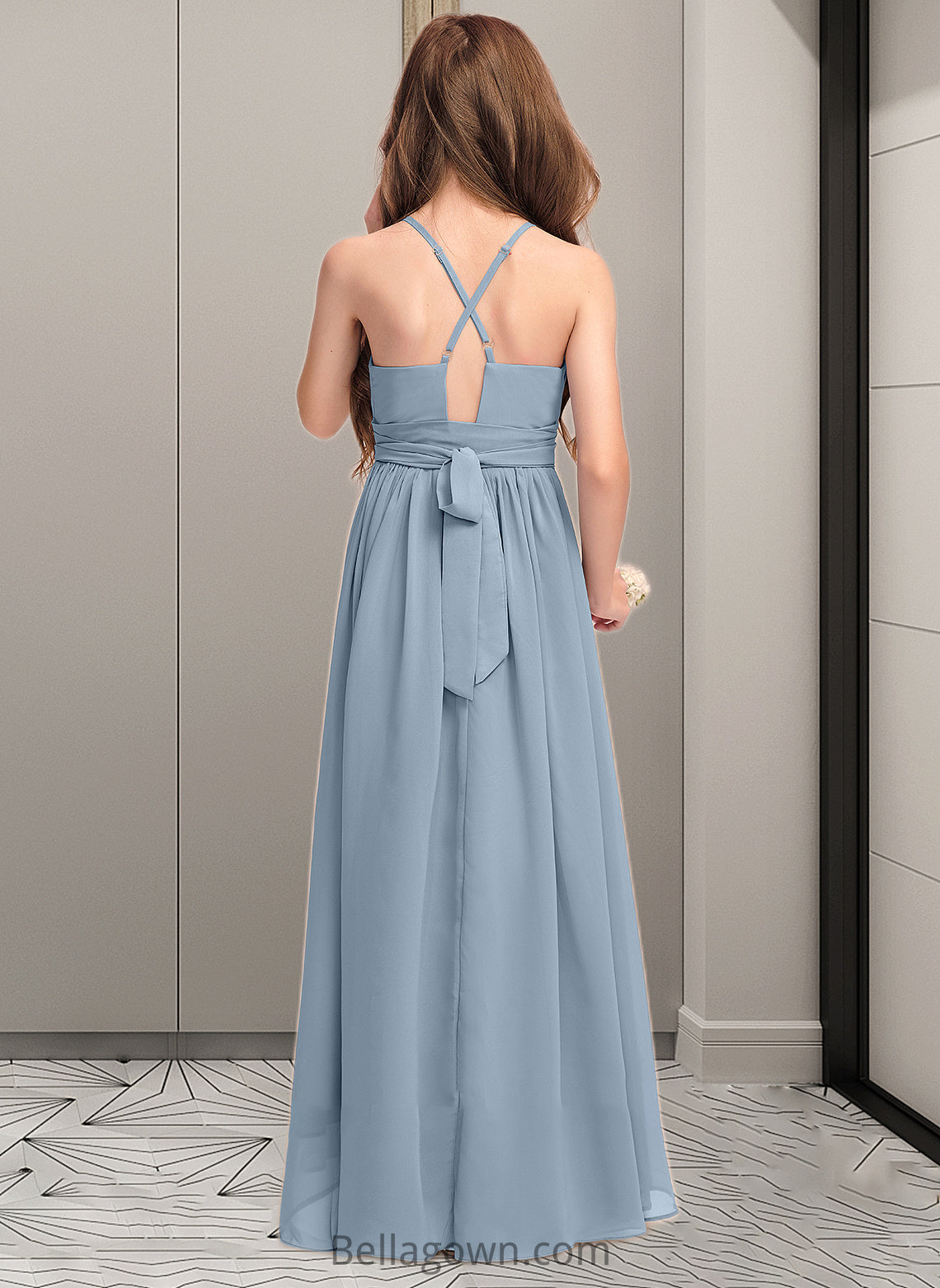 Shyla A-Line Scoop Neck Asymmetrical Chiffon Junior Bridesmaid Dress With Ruffle Bow(s) DNP0013314