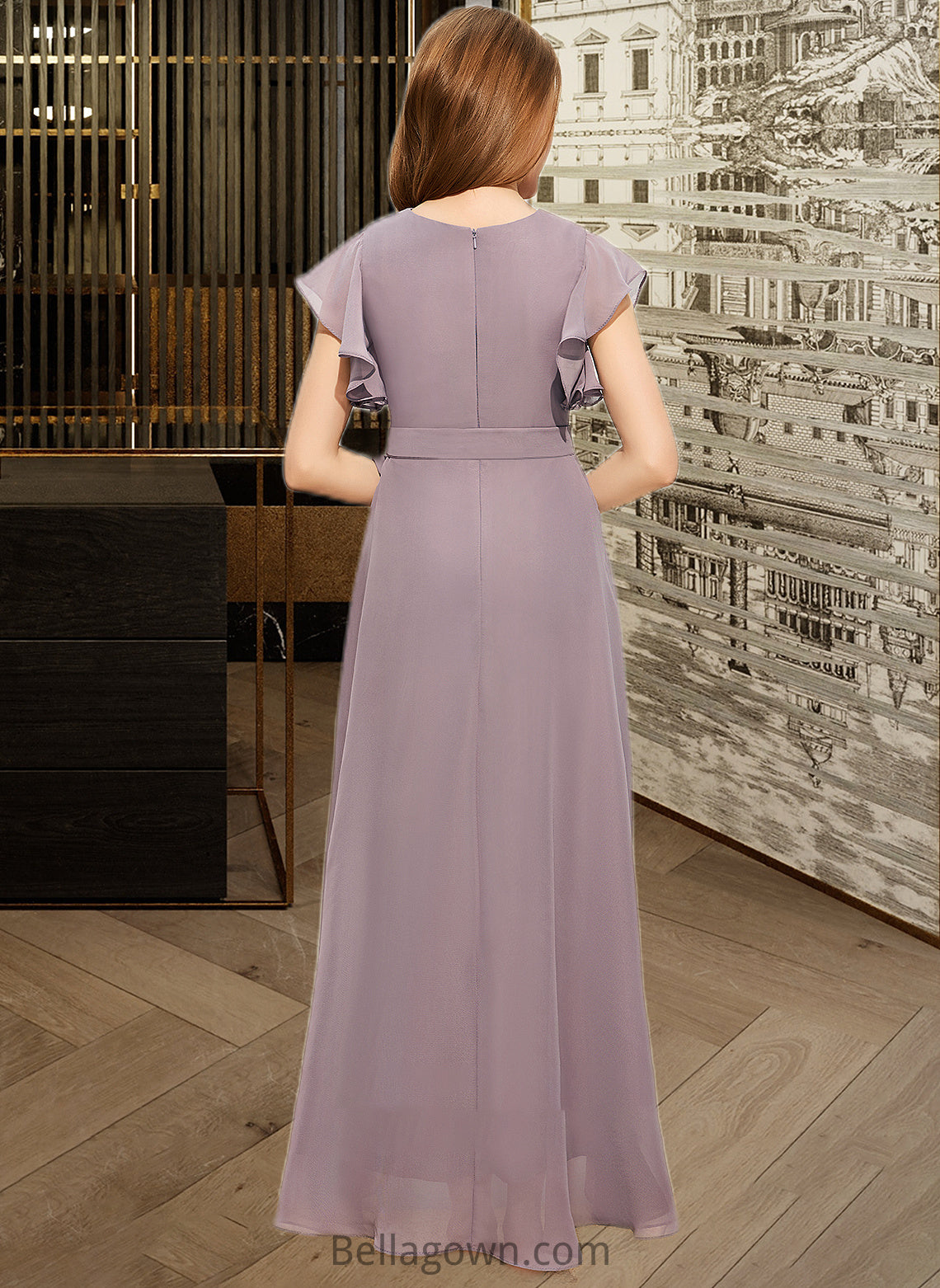 Alani A-Line V-neck Asymmetrical Chiffon Junior Bridesmaid Dress With Ruffle Bow(s) DNP0013315