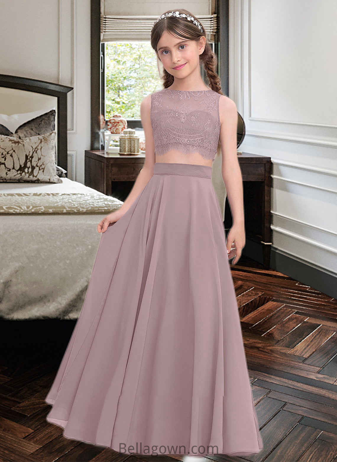 Ava A-Line Scoop Neck Floor-Length Chiffon Junior Bridesmaid Dress DNP0013316