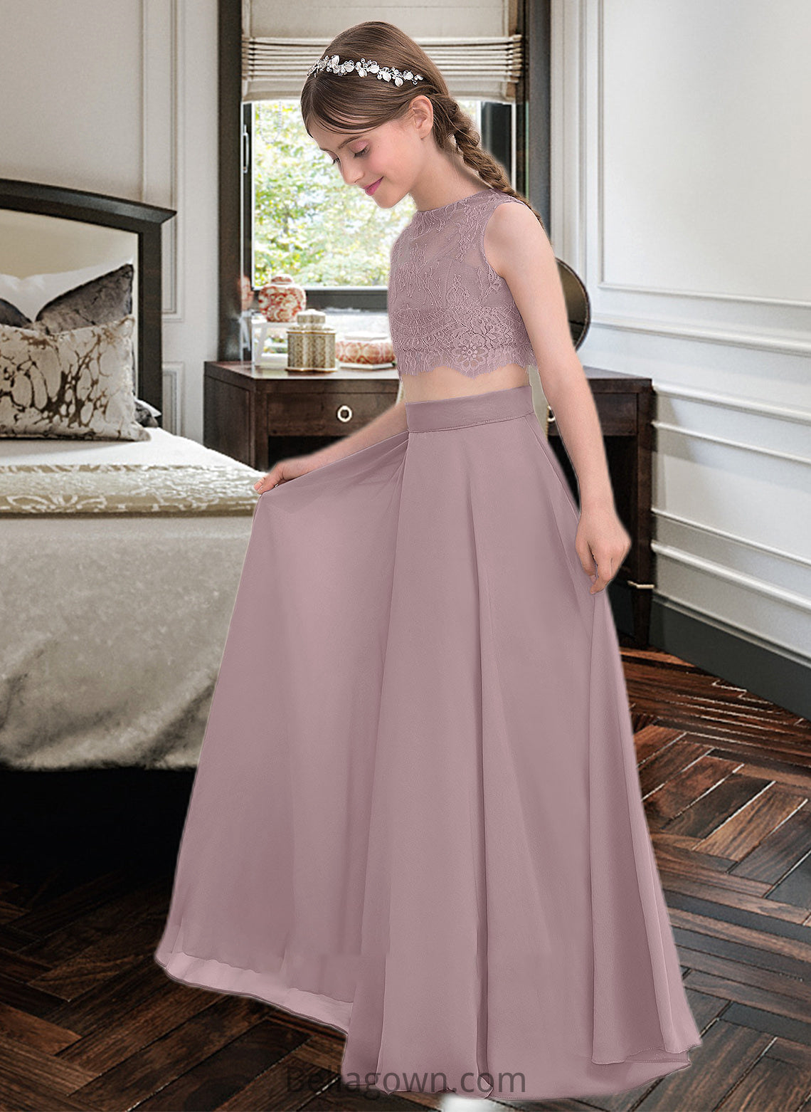 Ava A-Line Scoop Neck Floor-Length Chiffon Junior Bridesmaid Dress DNP0013316