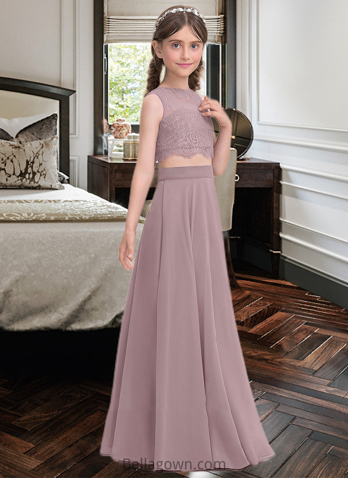 Ava A-Line Scoop Neck Floor-Length Chiffon Junior Bridesmaid Dress DNP0013316