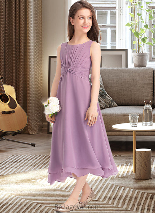 Josie A-Line Scoop Neck Tea-Length Chiffon Junior Bridesmaid Dress With Ruffle DNP0013317