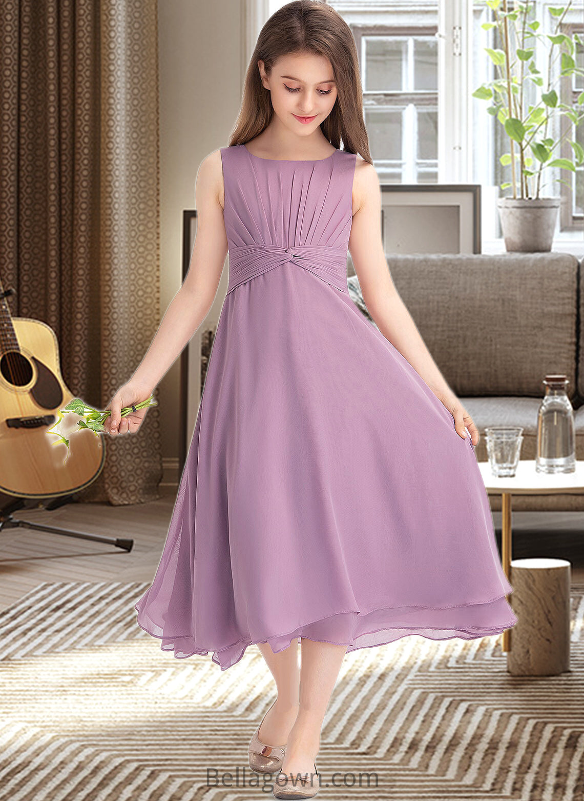 Josie A-Line Scoop Neck Tea-Length Chiffon Junior Bridesmaid Dress With Ruffle DNP0013317