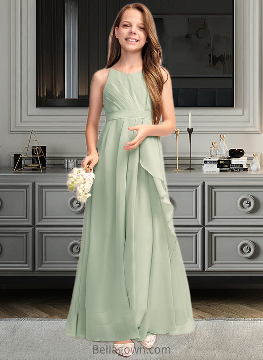 Kaylynn A-Line Scoop Neck Floor-Length Chiffon Junior Bridesmaid Dress With Cascading Ruffles DNP0013318