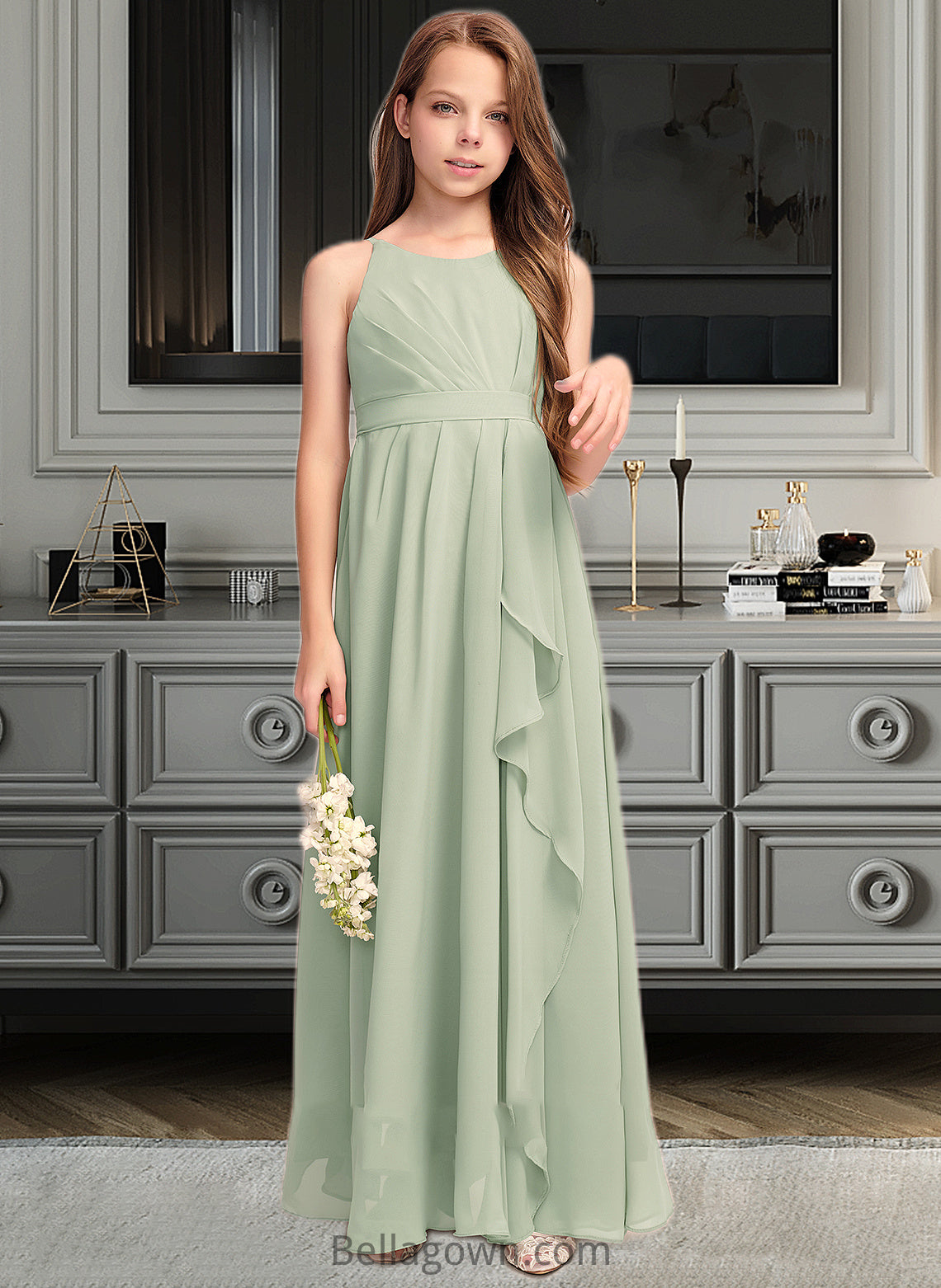 Kaylynn A-Line Scoop Neck Floor-Length Chiffon Junior Bridesmaid Dress With Cascading Ruffles DNP0013318