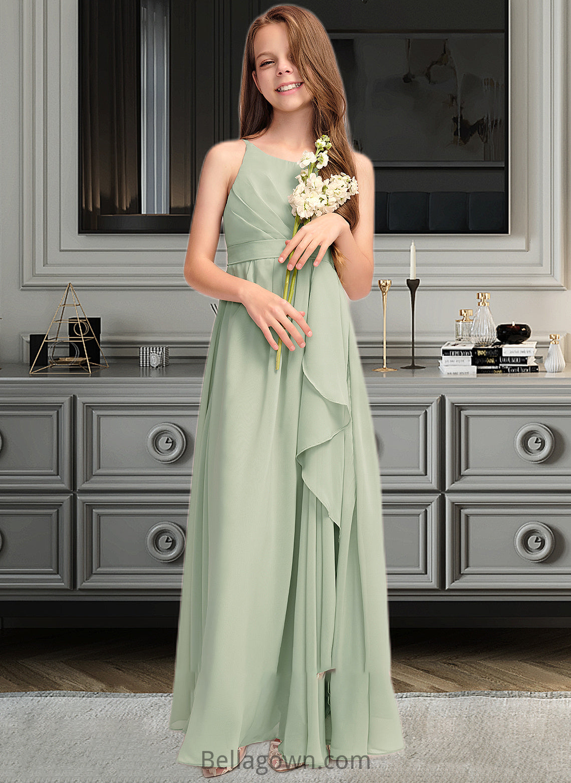 Kaylynn A-Line Scoop Neck Floor-Length Chiffon Junior Bridesmaid Dress With Cascading Ruffles DNP0013318