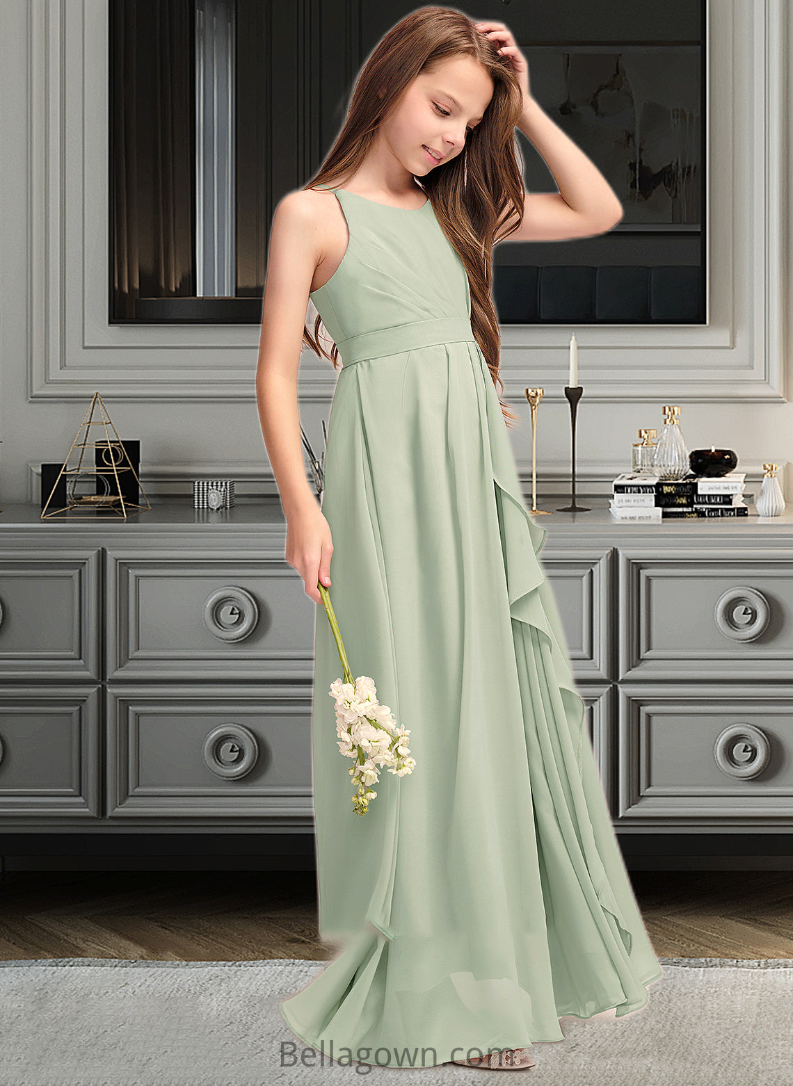 Kaylynn A-Line Scoop Neck Floor-Length Chiffon Junior Bridesmaid Dress With Cascading Ruffles DNP0013318