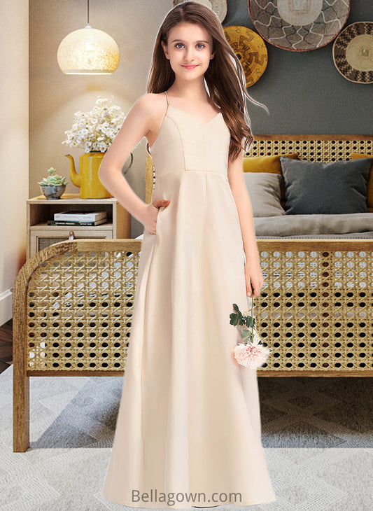 Gracie A-Line V-neck Floor-Length Satin Junior Bridesmaid Dress With Pockets DNP0013319