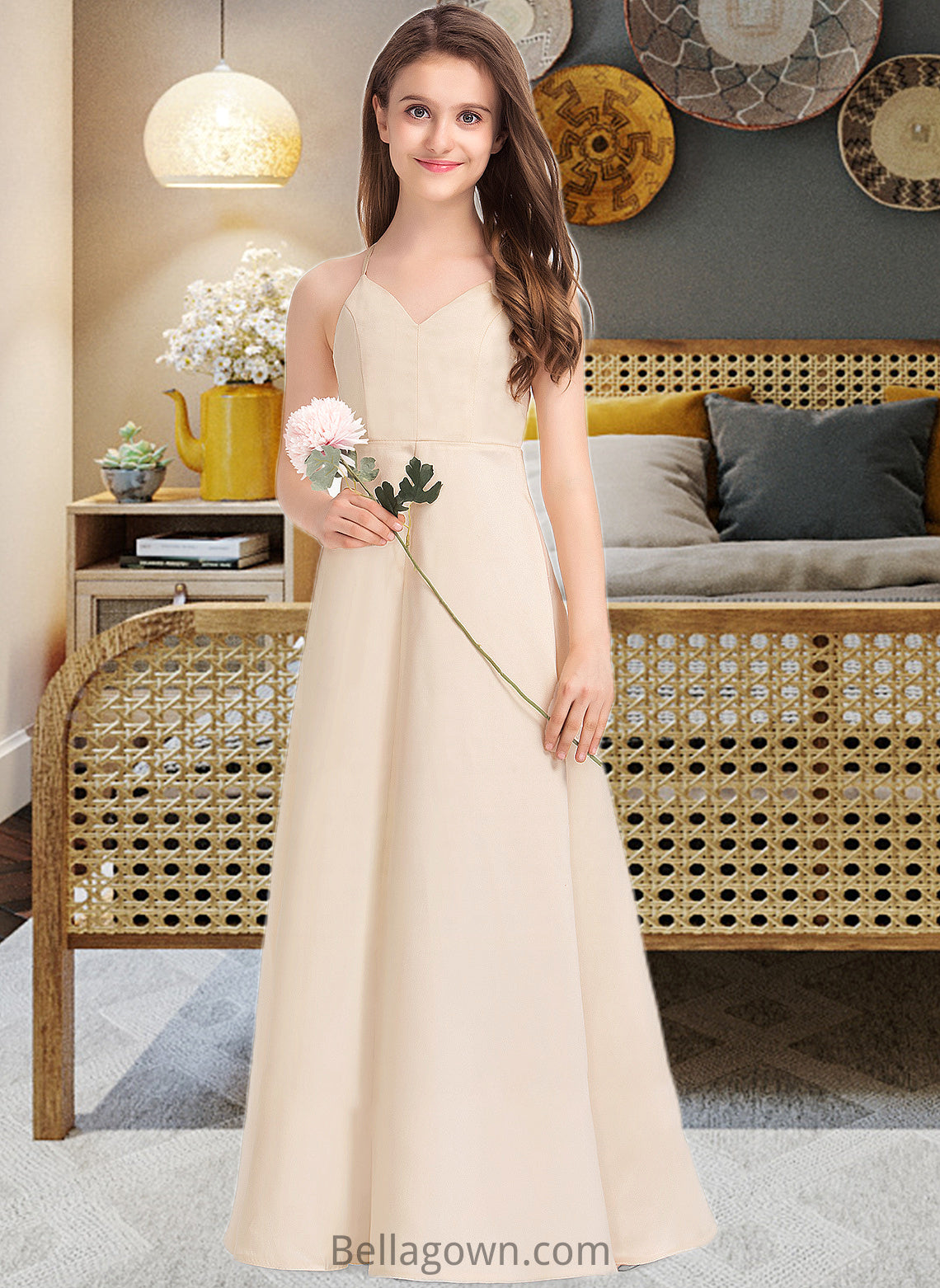 Gracie A-Line V-neck Floor-Length Satin Junior Bridesmaid Dress With Pockets DNP0013319