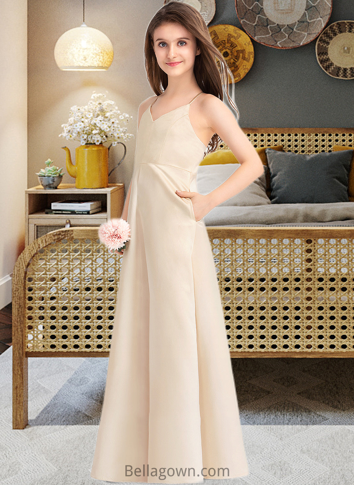 Gracie A-Line V-neck Floor-Length Satin Junior Bridesmaid Dress With Pockets DNP0013319