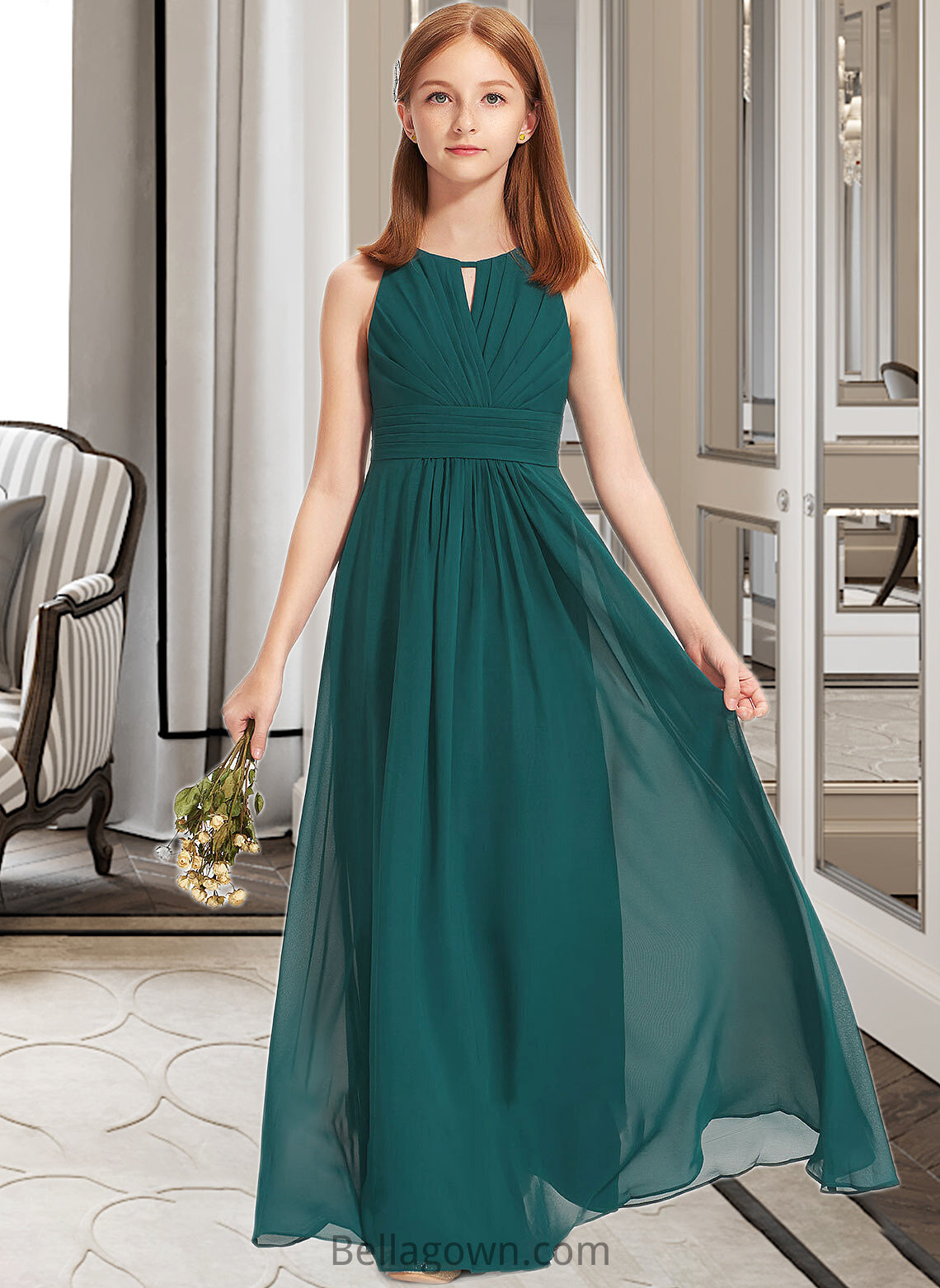 Terri A-Line Scoop Neck Floor-Length Chiffon Junior Bridesmaid Dress With Ruffle DNP0013320