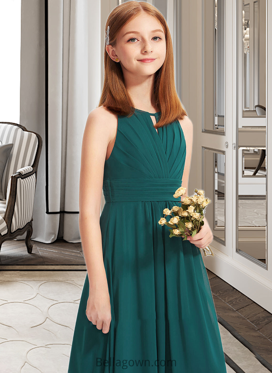 Terri A-Line Scoop Neck Floor-Length Chiffon Junior Bridesmaid Dress With Ruffle DNP0013320