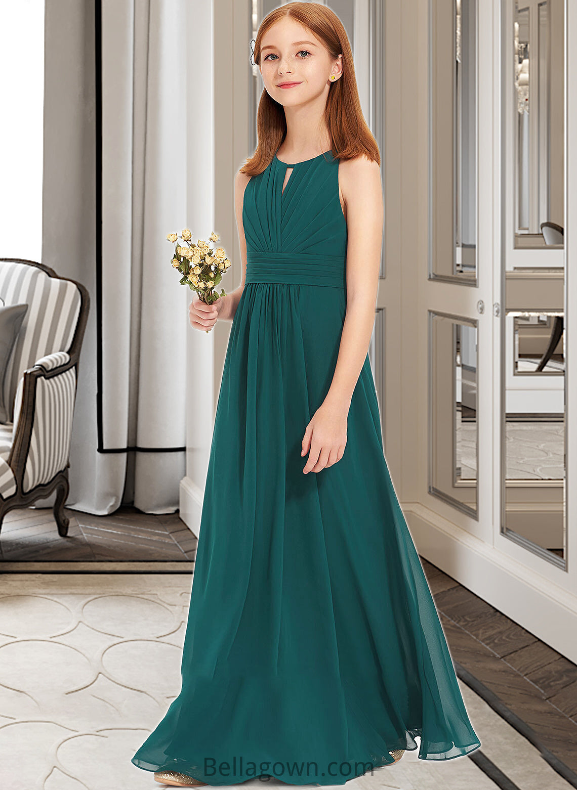 Terri A-Line Scoop Neck Floor-Length Chiffon Junior Bridesmaid Dress With Ruffle DNP0013320