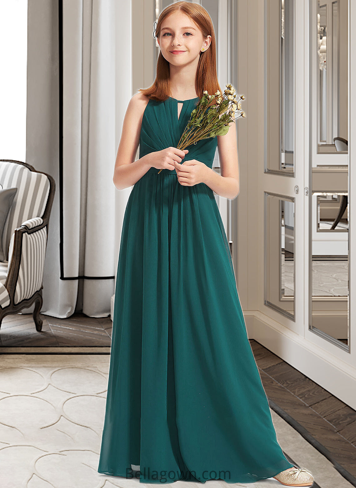 Terri A-Line Scoop Neck Floor-Length Chiffon Junior Bridesmaid Dress With Ruffle DNP0013320