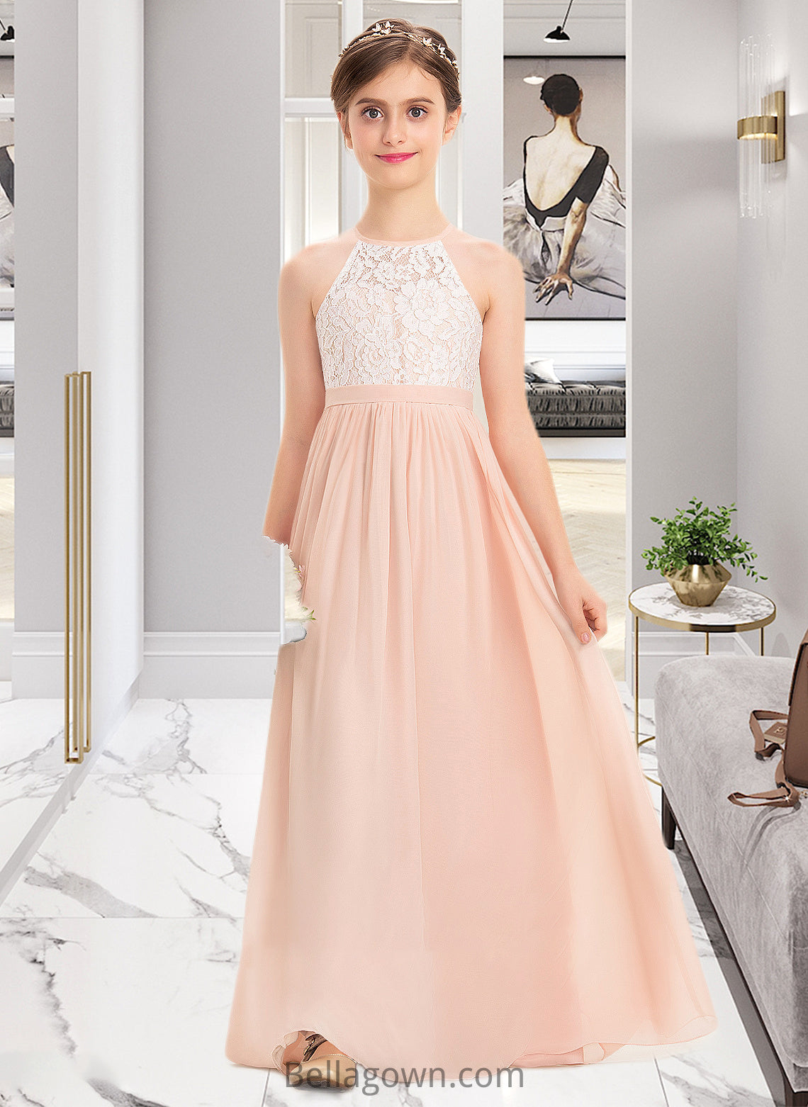 Paisley A-Line Scoop Neck Floor-Length Chiffon Lace Junior Bridesmaid Dress DNP0013321